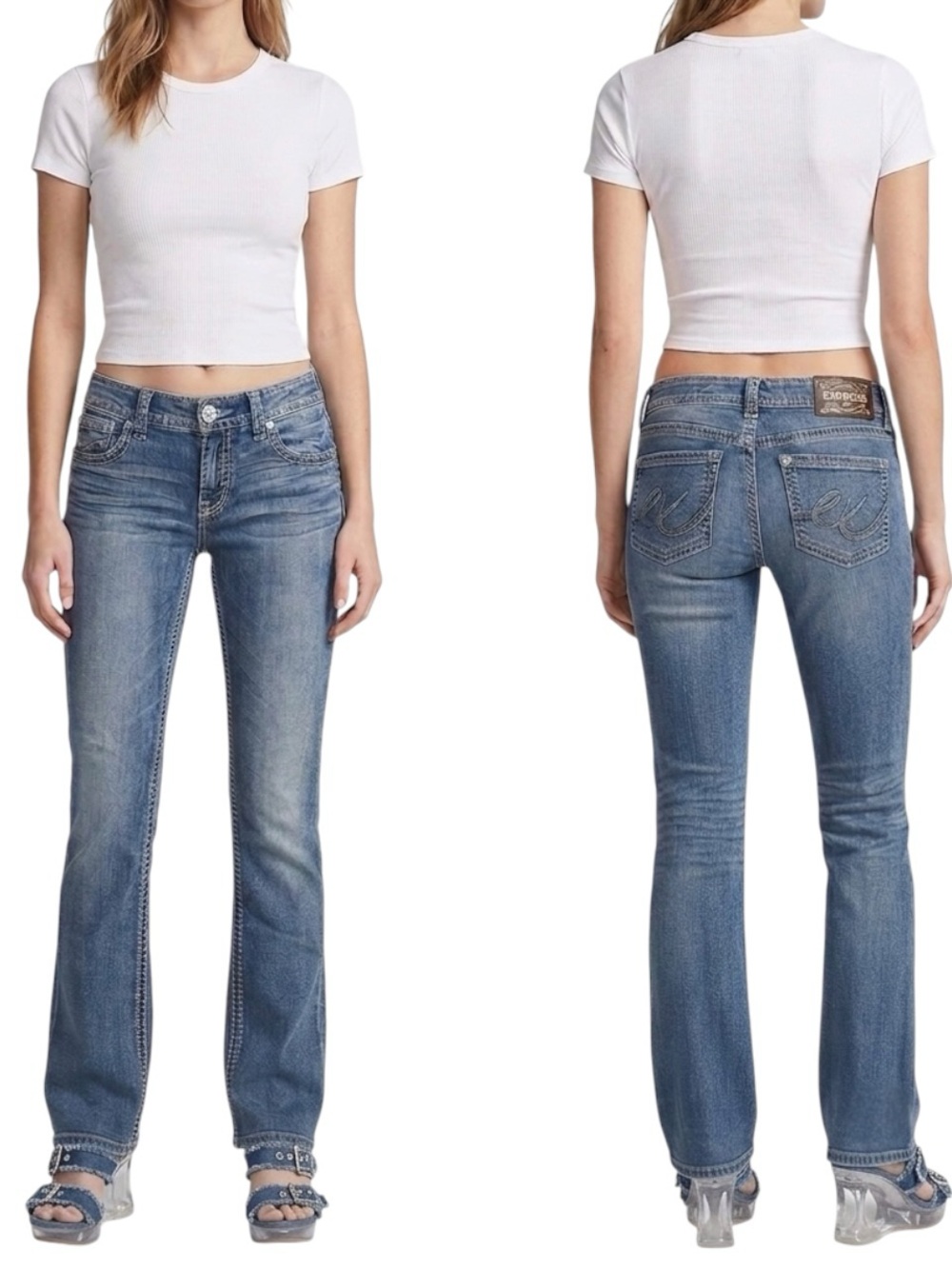 Express Barely Boot Stella Low Rise Jeans Medium Wash Embroidered Size 8